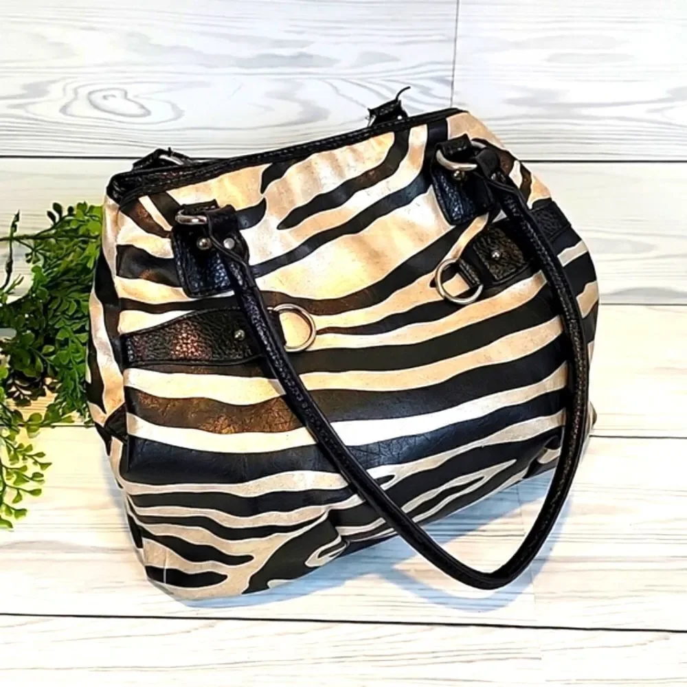 Unbranded zebra striped faux leather top handle bag - black & silver